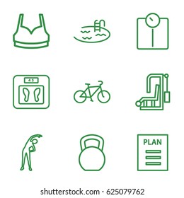 Fitness icons set. set of 9 fitness outline icons such as exercising, floor scales, pool, sport bra, plan, bicycle, kettle bell, floor scale