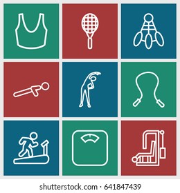 Fitness icons set. set of 9 fitness outline icons such as exercising, sport bra, push up, tennis rocket, floor scales, man on treadmill, shuttlecock, gym equipment