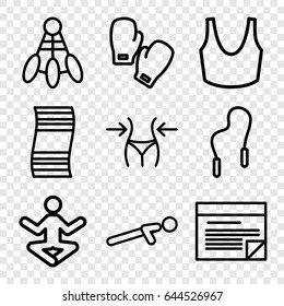 Fitness icons set. set of 9 fitness outline icons such as slim, sport bra, push up, plan, skipping rope, boxing gloves, yoga, shuttlecock