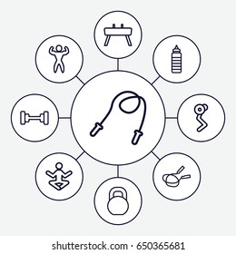 Fitness icons set. set of 9 fitness outline icons such as barbell, jump rope, bodybuilder, gymnastic apparatus, skipping rope, man doing exercises, yoga