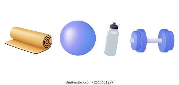 Ícones de fitness com bola de fitness, garrafa, tapete de ioga e dubbell. Equipamento de exercício realista cartoon definir vetor 3D para treino e treinamento isolado no fundo branco. Conceito de perda de peso esportivo