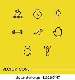 Fitness icons set with boxing glove, exercising and old man elements. Set of fitness icons and dumbbell concept. Editable vector elements for logo app UI design.