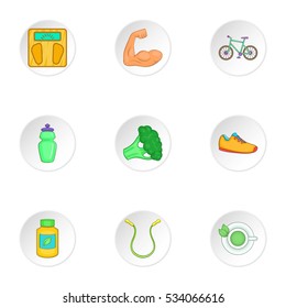 Fitness icons set. Cartoon illustration of 9 fitness vector icons for web