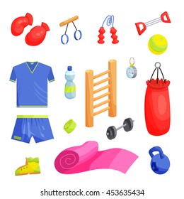 Fitness icons set in cartoon style. Sport set collection isolated vector illustration