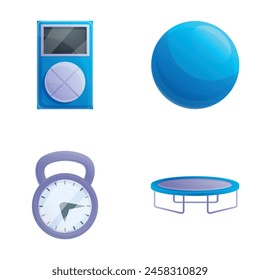 Fitness icons set cartoon vector. Various sport equipment. Sport and healthy lifestyle