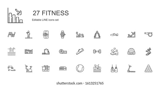 fitness icons set. Collection of fitness with boxing glove, bike, tennis, weight, pool, stationary bike, shoes, shoe, dumbbell, boxing, workout. Editable and scalable fitness icons.
