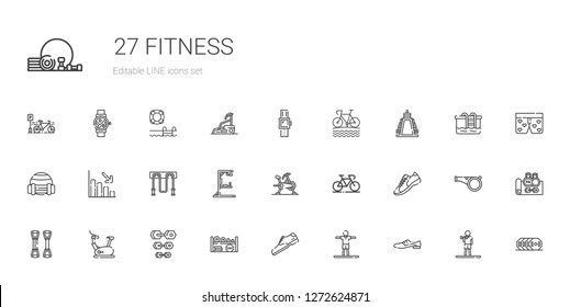 fitness icons set. Collection of fitness with shoes, stretching, shoe, weight, dumbbell, stationary bike, chest expander, sneakers, bicycle. Editable and scalable fitness icons.