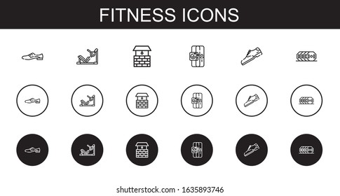 fitness icons set. Collection of fitness with shoes, gym station, well, sport, shoe, weight. Editable and scalable fitness icons.