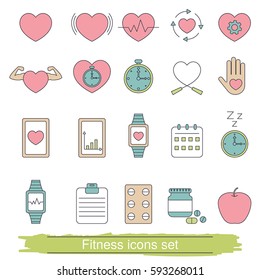 Fitness icons set. Collection fitness icons in thin line style.
