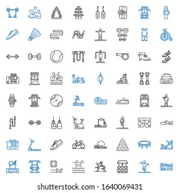 fitness icons set. Collection of fitness with weight, stretching, well, stationary bike, swimming pool, gym station, trampoline, pool, gym. Editable and scalable fitness icons.