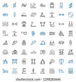 fitness icons set. Collection of fitness with well, shoes, bike, running, stretching, gym station, swimming pool, bicycle, proteins, badminton. Editable and scalable fitness icons.