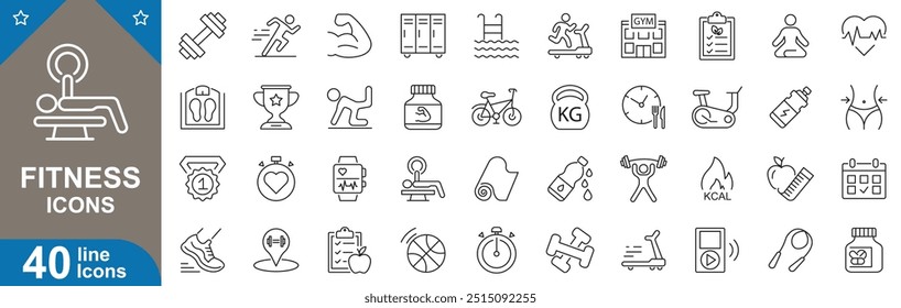 Fitness icons set. Dumbbell, barbell, yoga, treadmill, kettlebell, heart, bottle, running, muscle, bicycle and more. vector illustrator.