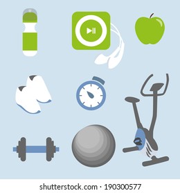 Fitness icons set: eight elements illustration on blue background