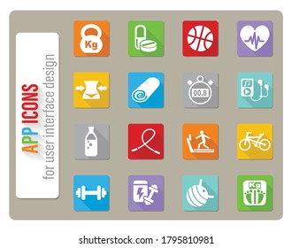fitness icons set in flat design with long shadow