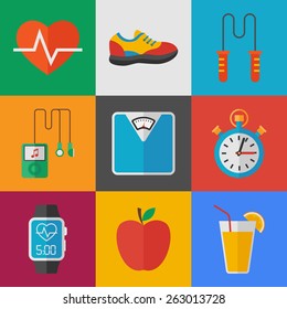 fitness icons set. flat style vector illustration