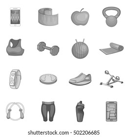 Fitness icons set. Gray monochrome illustration of 16 fitness vector icons for web
