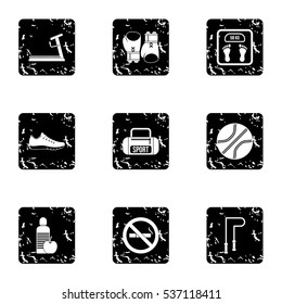 Fitness icons set. Grunge illustration of 9 fitness vector icons for web