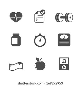 Fitness icons set of heartrate apple diet, contrast flat isolated vector illustration