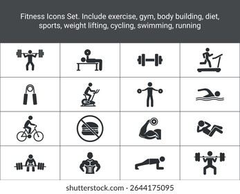 Fitness Icons Set. Include exercise, gym, body building, diet, sports, weight lifting,
cycling, swimming, running. fitness activities and healthy lifestyle icons set. solid, vector icon