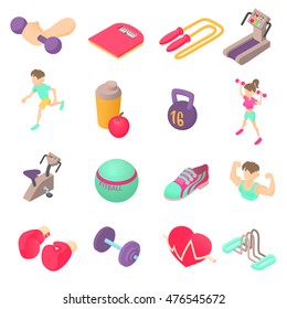 Fitness icons set in isometric 3d style. Sports equipment set collection vector illustration