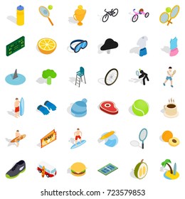 Fitness icons set. Isometric style of 36 fitness vector icons for web isolated on white background
