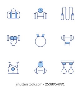 Fitness icons set. Line Duotone style, editable stroke. gym machine, jumping rope, rings, excercise, fitness, bicycle, dumbbell, fitness ball, sport bag.