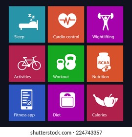 fitness icons set on squares vector illustration, eps10, easy to edit