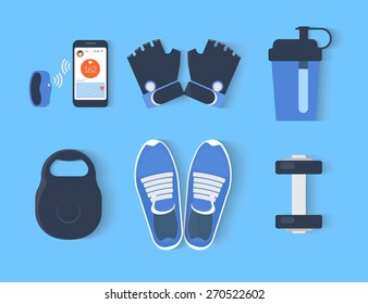 Fitness icons set - six elements illustration on blue background