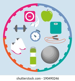 Fitness icons set: ten elements illustration on blue background
