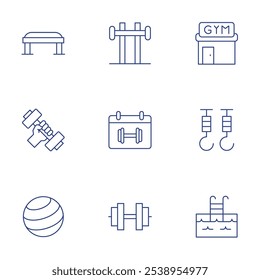 Fitness icons set. Thin Line style, editable stroke. barbell, calendar, dumbell, bench, dumbbell, fitball, gym, hooks, pool.