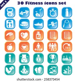 Fitness icons set, vector set of 30 fitness signs.