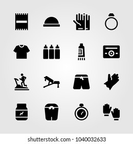 Fitness icons set. Vector illustration pants, bosu ball, beach towel and towel