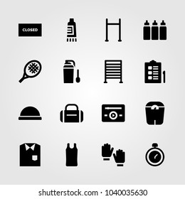 Fitness icons set. Vector illustration gym bars, capsules, gloves and checklist