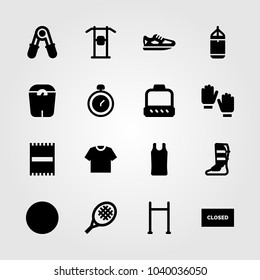 Fitness icons set. Vector illustration shoes, closed, pull up bar and block