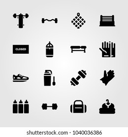 Fitness icons set. Vector illustration clothing, dumbbell, hammed and biceps dumbbell