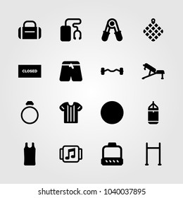 Fitness icons set. Vector illustration music player, pulley, towel and dumbbell