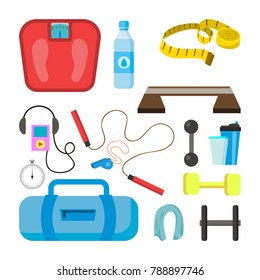 Fitness Icons Set Vector. Sport Tools Accessories. Scales, Tape, Dumbbell, Weight, Towel, Stopwatch, Headphones, Rope. Isolated Flat Cartoon Illustration