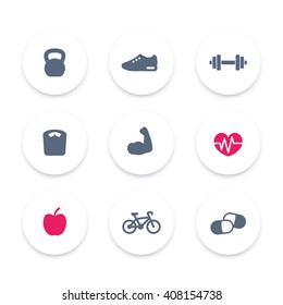 Fitness icons, simple fitness pictograms, signs, round icons, vector illustration