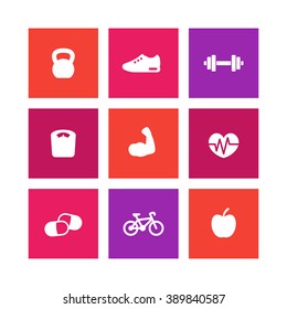 Fitness icons, simple fitness symbols, square icons on white, vector illustration
