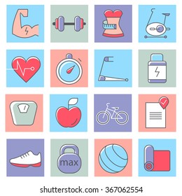 Fitness icons, thin line flat design