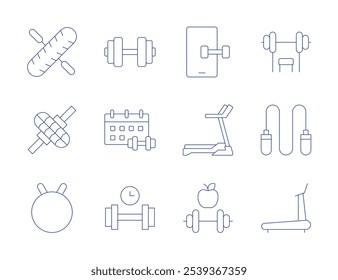 Fitness icons. Thin Line style, editable stroke. barbell, calendar, excercise, fitness, fitness app, fitness ball, gym machine, jumping rope, treadmill, wheel, roller.