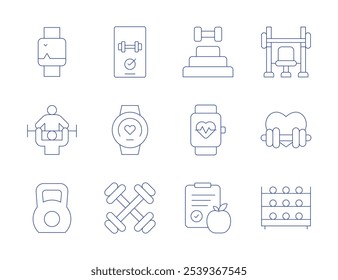 Fitness icons. Thin Line style, editable stroke. bracelet, dumbbells, heart, pilates, health monitor, nutrition, trainer, weight.