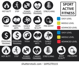 Fitness icons with training and difficulty levels for scheduling in fitness and sports clubs. Also for use when developing websites and handouts. Set of the sports icons.