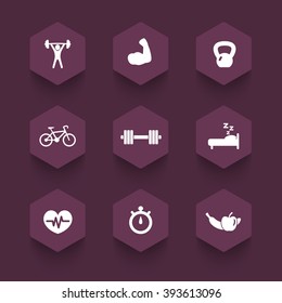 fitness icons, training, gym trendy hexagon icons, fitness symbols, vector illustration