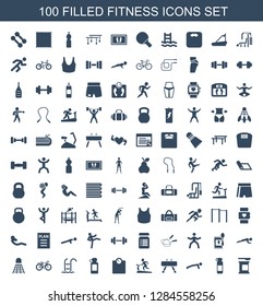 fitness icons. Trendy 100 fitness icons. Contain icons such as protein powder, bottle for fitness, man doing exercises, fintess equipment, treadmill. fitness icon for web and mobile.