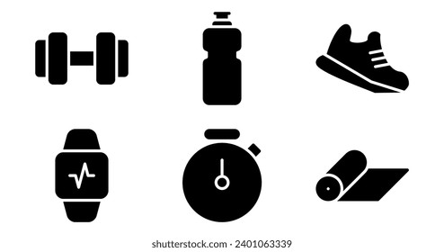 Fitness Icons.  Vector Graphics Featuring Designs of dumbbell, yoga mat, stopwatch, water bottle, running shoes, fitness tracker. Icon Set in Solid Style