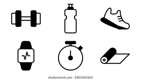 Iconos de fitness.  Gráficos vectores con diseños de timbre, alfombras de yoga, cronómetro, botellas de agua, zapatos de correr, rastreador de fitness. Conjunto de iconos en estilo semisólido