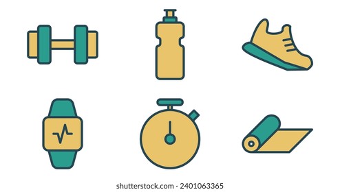 Fitness Icons.  Vector Graphics Featuring Designs of dumbbell, yoga mat, stopwatch, water bottle, running shoes, fitness tracker. Icon Set in Filled Outline Style