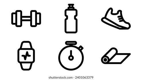 Fitness Icons.  Vector Graphics Featuring Designs of dumbbell, yoga mat, stopwatch, water bottle, running shoes, fitness tracker. Icon Set in Bold Style