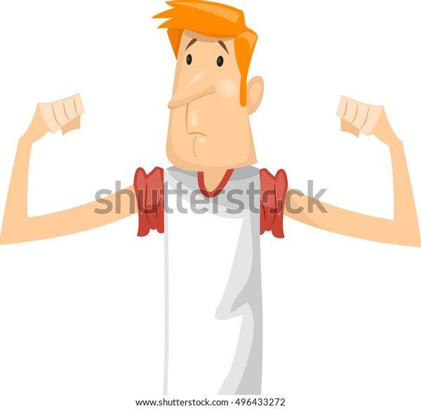 白いシャツを着た悲しい痩せた男性を描いたフィットネスイラスト 筋肉のふくらみが少ないことに失望 のベクター画像素材 ロイヤリティフリー